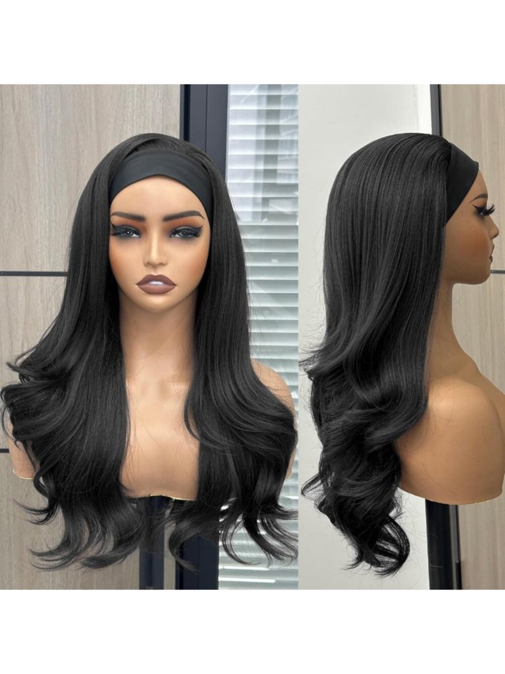 Long Wavy Headband Wig for Women, 180% Density Glueless Half Wig, 20 Inch Black